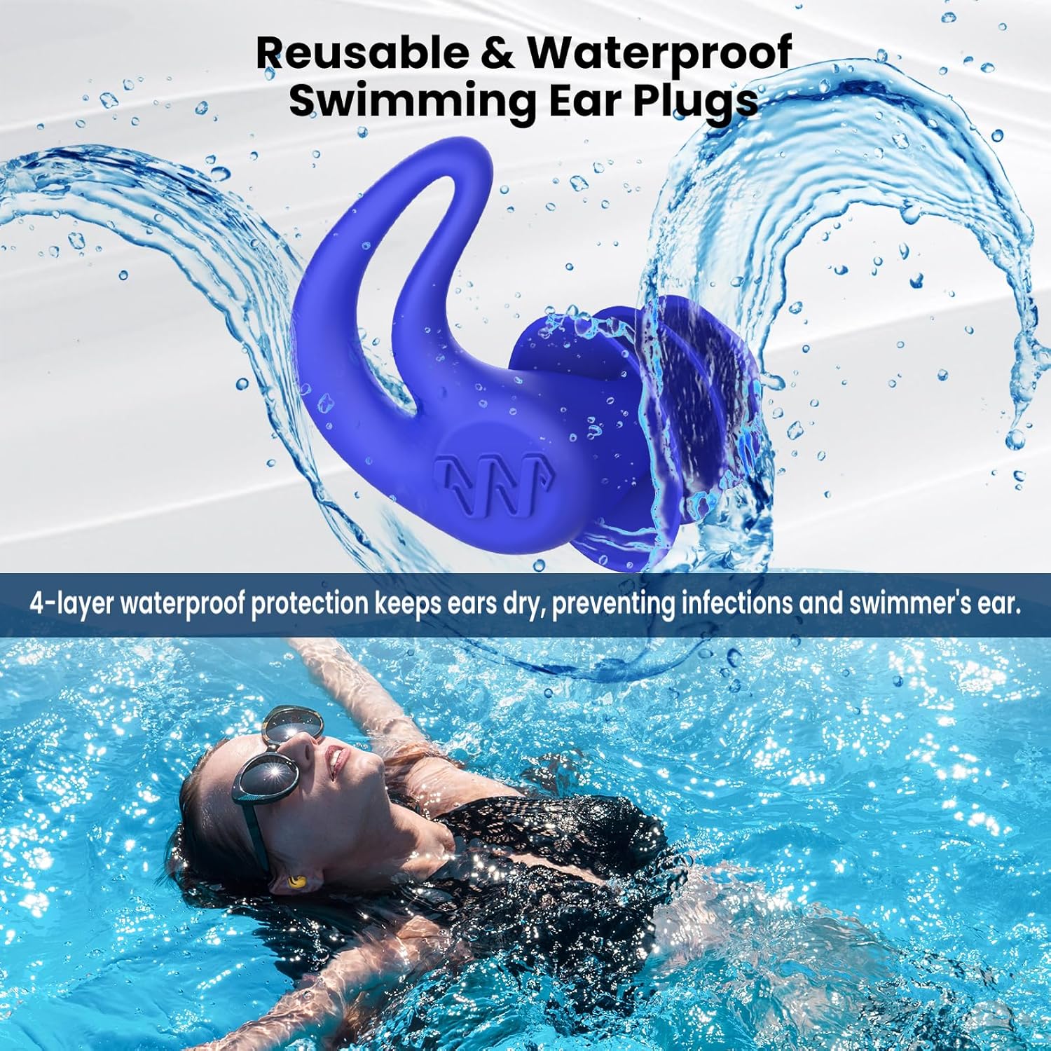 Skiennix Waterproof Ear Plugs - 4 Pairs Reusable Silicone for Swimming, Showering & Water Sports