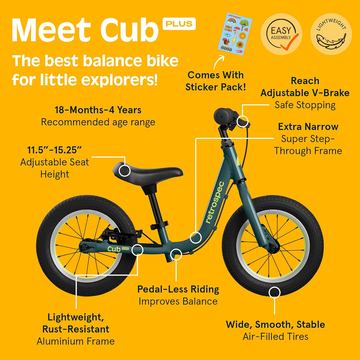 Retrospec Cub Plus Toddler Balance Bike - Lightweight, Adjustable V-Brake & Seat for Ages 18 Months to 4 Years