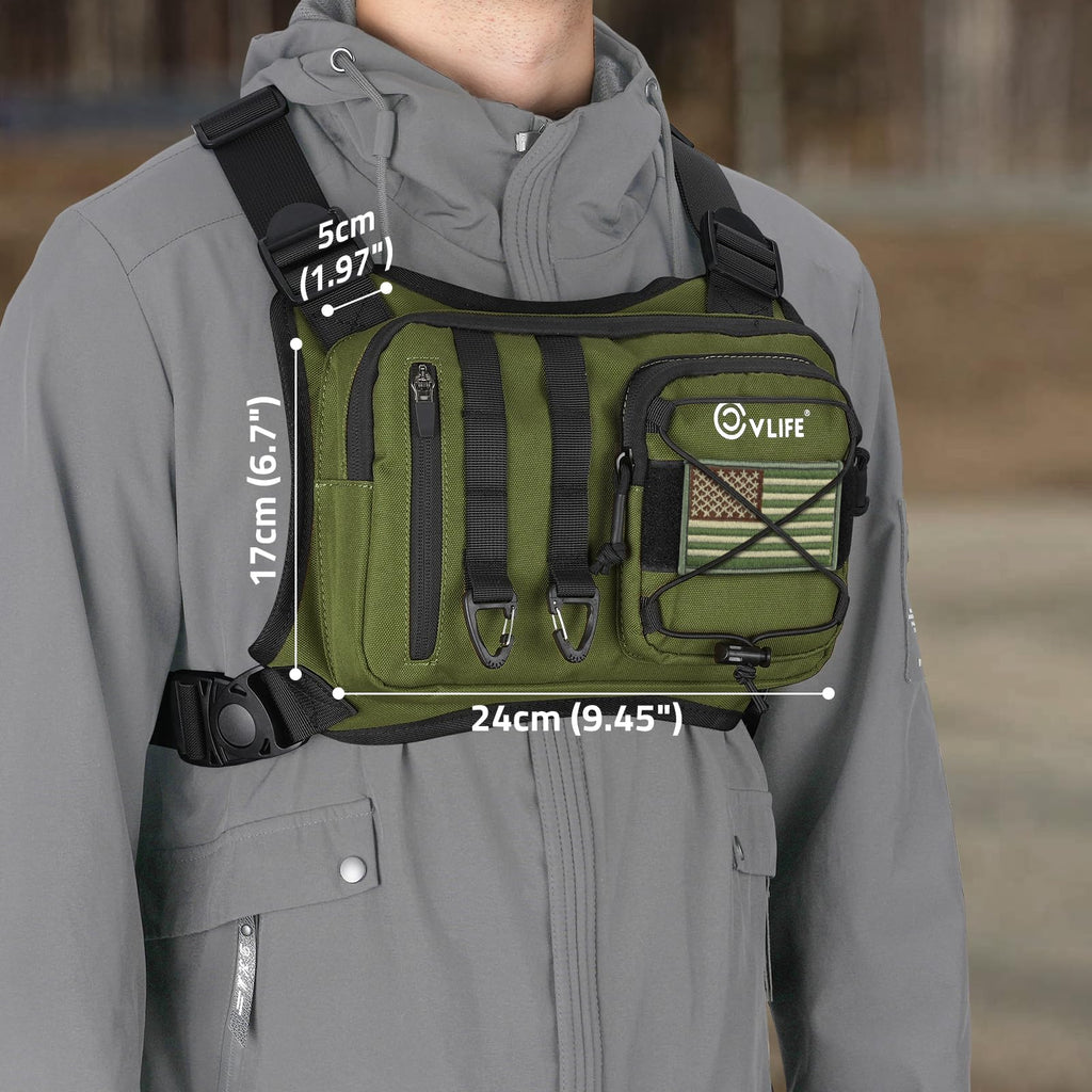 CVLIFE Outdoor Chest Bag for Men, Tactical Chest Pack with Phone Holder, Adjustable Running Vest Bag with Extra Storage, Lightweight Anti-theft EDC Rig for Hiking, Cycling, Sports, Workouts, Green