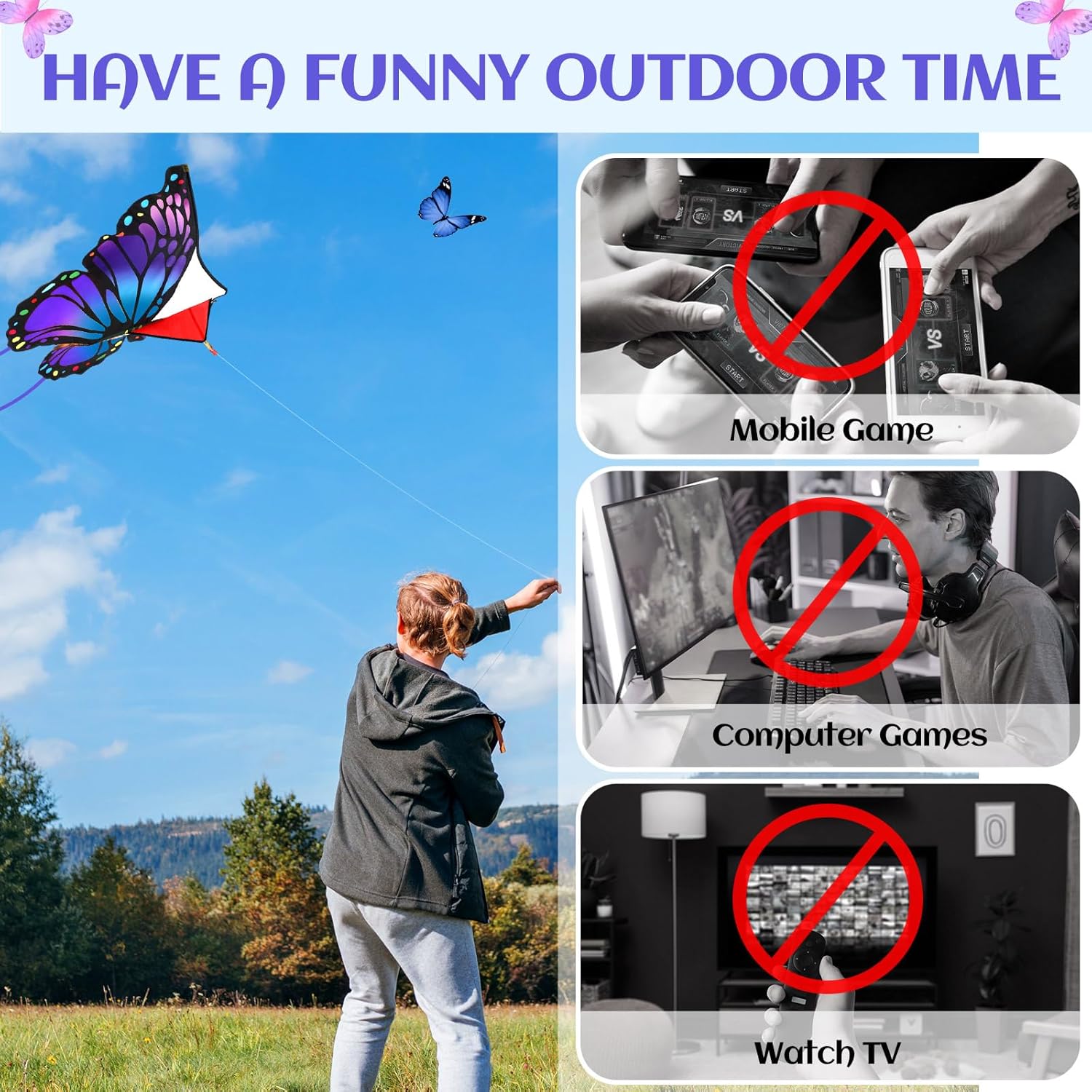 Silipull Butterfly Kites - Large 55 x 28 Inch Colorful Kites with 328ft String for Adults & Beginners | Purple & Orange