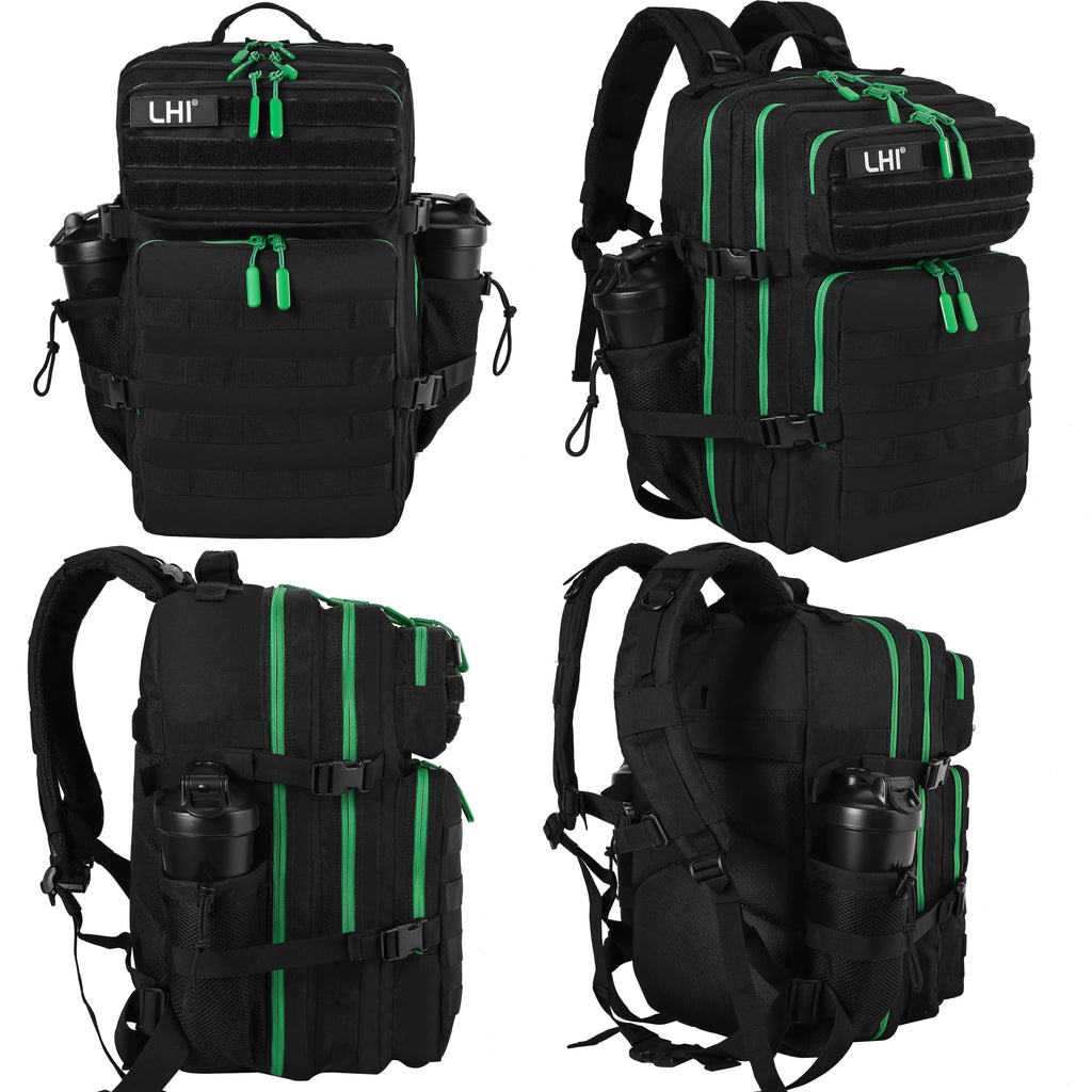 LHI Military Tactical Backpack for Men and Women 45L Army 3 Days Assault Pack Bag Large Rucksack with Molle System - Black with green zipper