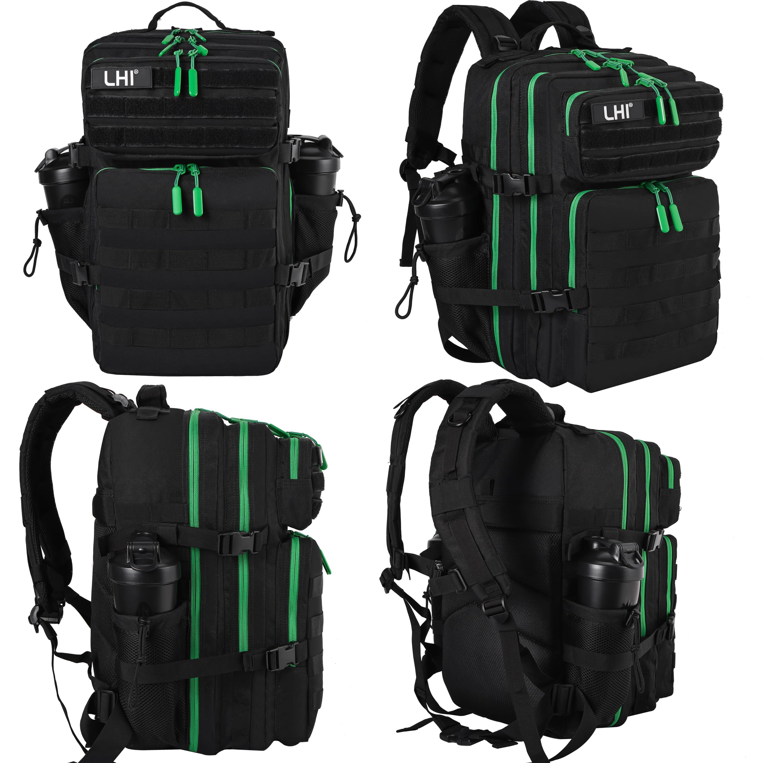 LHI Military Tactical Backpack for Men and Women 45L Army 3 Days Assault Pack Bag Large Rucksack with Molle System - Black with green zipper