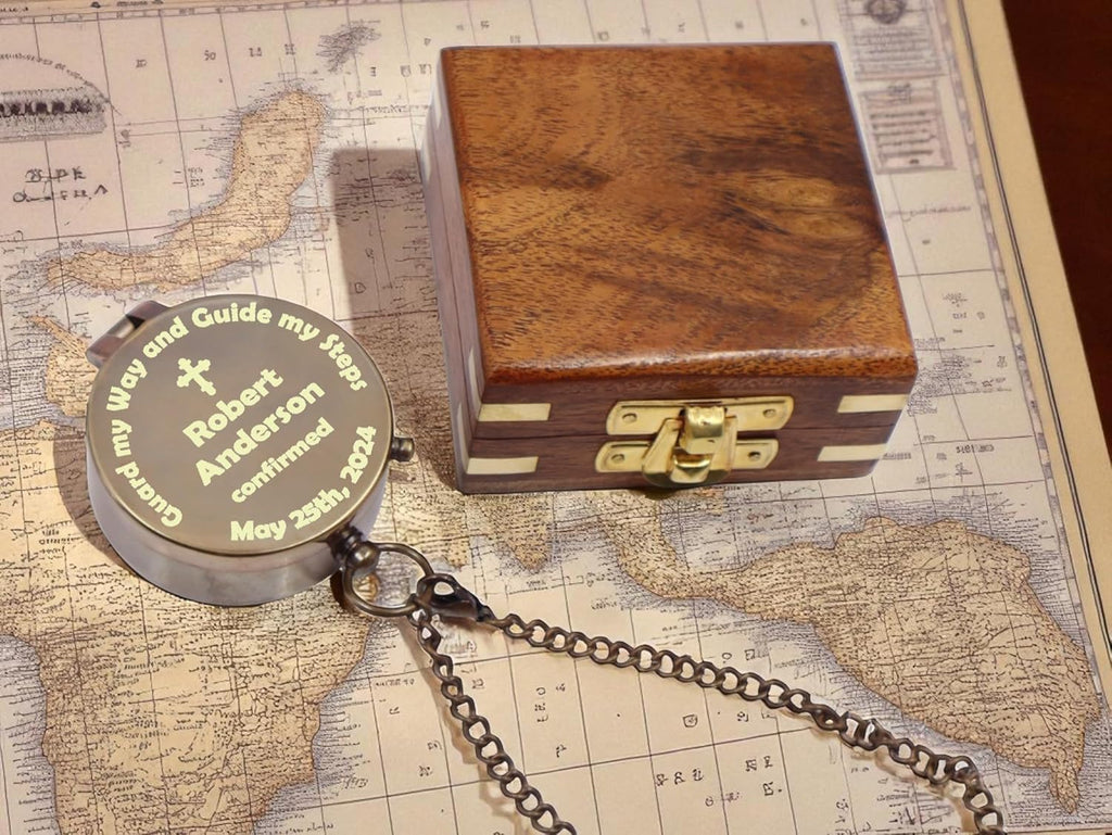 Skiennix Personalized Baptism Compass - Engraved Name & Date | Religious Keepsake Gift with Wooden Box & Leather Case