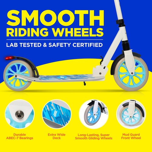 SereneLife Kick Scooter for Adults, Teens, and Kids – 2-Wheel Folding Scooter with Adjustable T-Bar, Anti-Slip Alloy Deck, Carry Strap, White