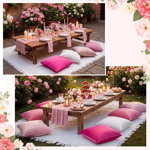 Moukeren 10 Pcs 71''x102'' Extra Large White Outdoor Boho Picnic Blanket with Pink Table Runner 8 Throw Pillow Cover Oversized Washable Portable Beach Blanket for Valentine Picnic Camp Lawn Wedding