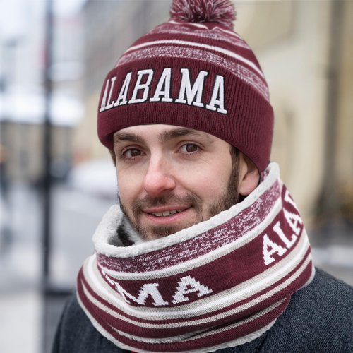 Alabama Beanie Hat Scarf Set for Men, Knit Pompom Beanie Cap, Football Fans Fashion Toque Cap, Neck Warmer Scarves,Winter Gifts for Sport Fans with Stickers