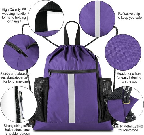 BeeGreen Gym Backpack - Lightweight Purple String Bag with Shoe Compartment & 2 Water Bottle Holders
