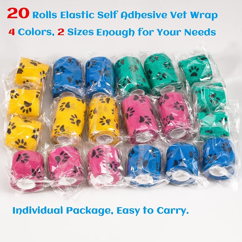 Self-Adherent Bandages for Pets - 20 Rolls Vet Wrap, 2"/3" Mixed, Elastic Wound Tape