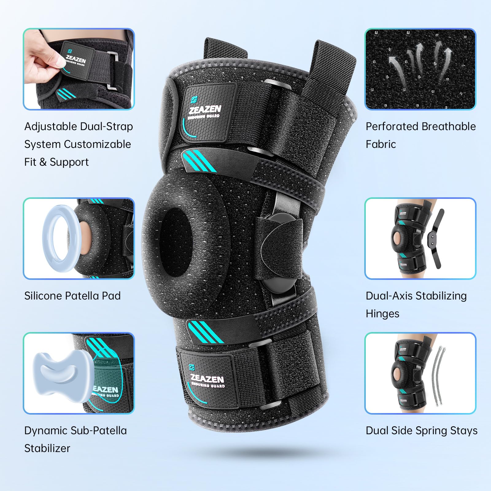 ZEAZEN Hinged Knee Brace with Dual Metal Side Stabilizers & Patella Support – Adjustable Open Patella Knee Support for Men and Women – Helps with ACL, MCL, Meniscus Issues – Breathable Design for Sports, Running, Workout (Medium)