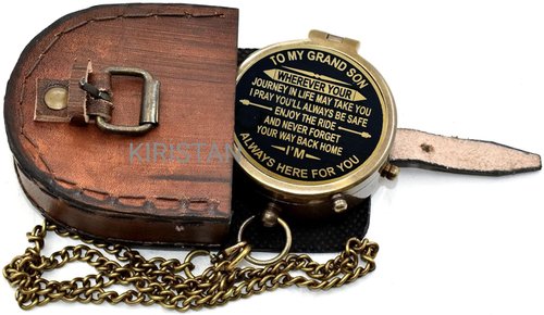 to My Grandson Engraved Brass Compass with Leather Case – Inspirational Gift from Grandfather, Vintage Pocket Navigation Tool for Travel, Hiking, Keepsake, Christmas, Birthday Present