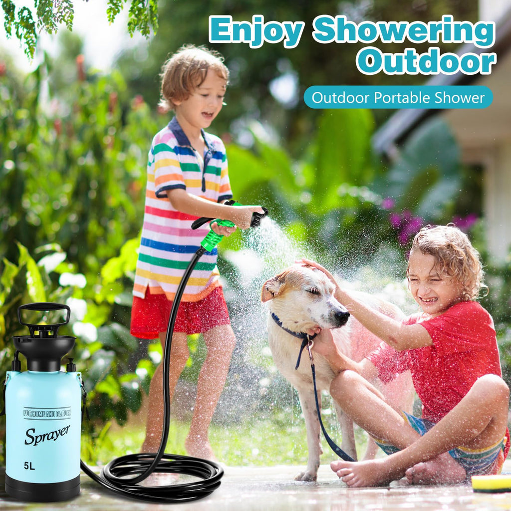 Vevitts Portable Pressure Sprayer Shower 5L for Camping with 7 Spray Modes, Hand Press Camping Shower with Hose and Shower Head, Hiking Traveling Shower Garden Sprayer Pet Shower Blue