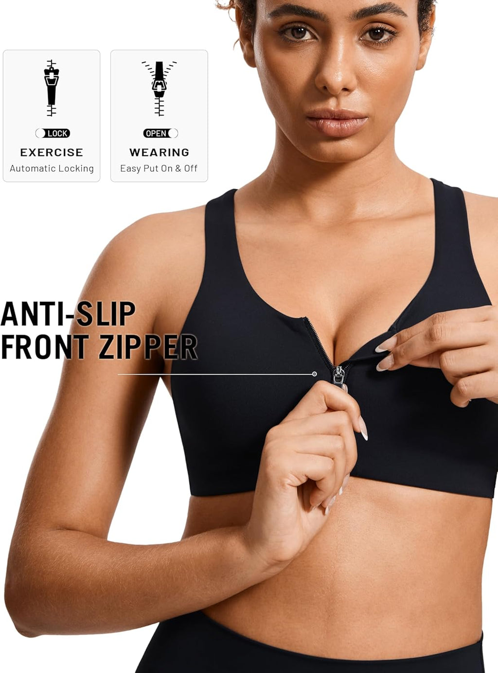 SYROKAN High Impact Zip Front Sports Bra for Women - No Underwire, Soft Padded, Racerback Design