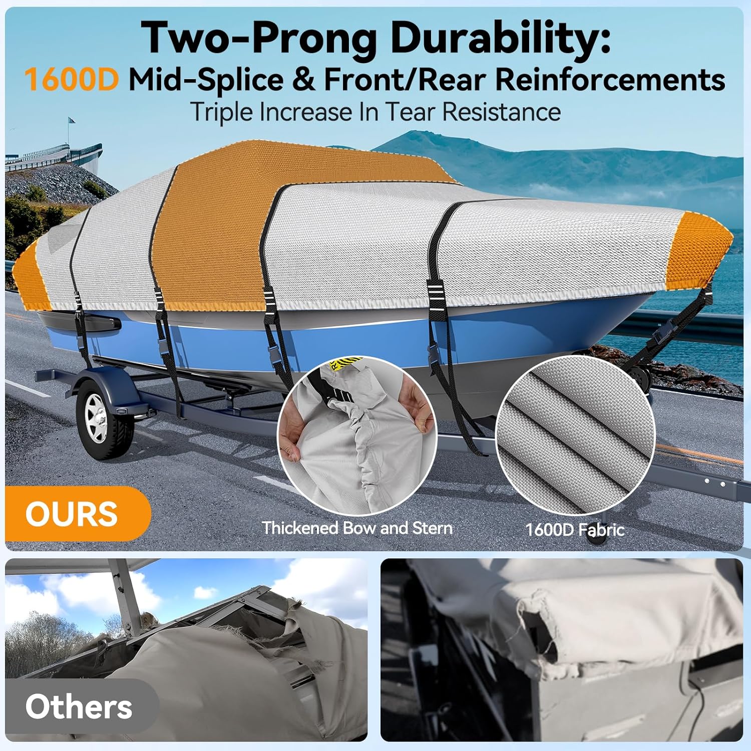 Ultra Durable 1600D + 1200D Boat Cover - Waterproof Protection for 16-18.5ft Tri-Hull & V-Hull Boats | Includes Storage Bag
