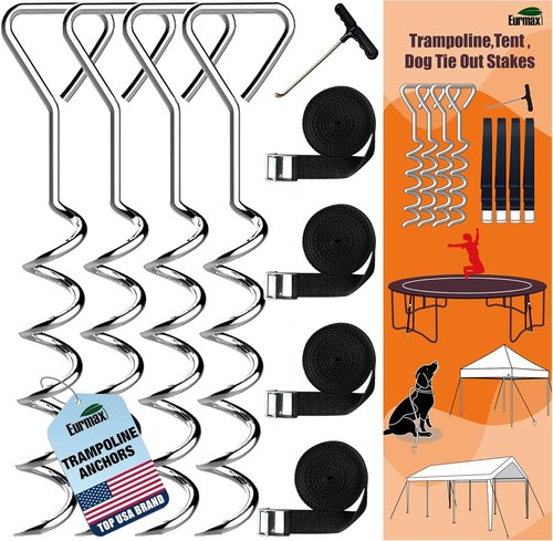 EURMAX USA Windproof Trampoline Anchor Kit - 4 Heavy-Duty Steel Stakes with T-Hook & Safety Straps for Secure Weatherproof Protection