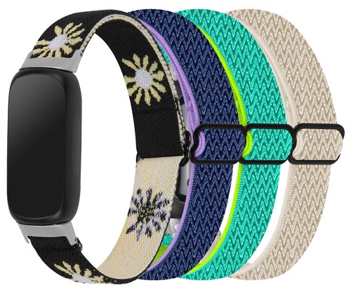 TenCloud 4 Pack Bands intended for Fitbit Inspire 3 Soft Adjustable Stretchy Elastic Nylon Sport Band (Black+Apricot+Neon Green+Purple Blue)
