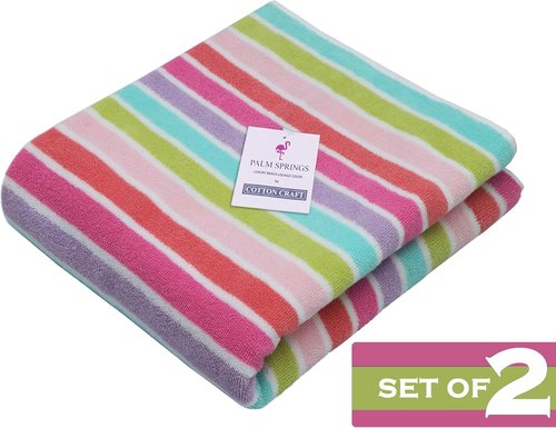 COTTON CRAFT Pool Lounge Chair Cover | 2-Pack Dobby Terry Stripe Soft Cotton Towel - Oversized 32" W x 82" L x 7" Pocket - Pink Multi