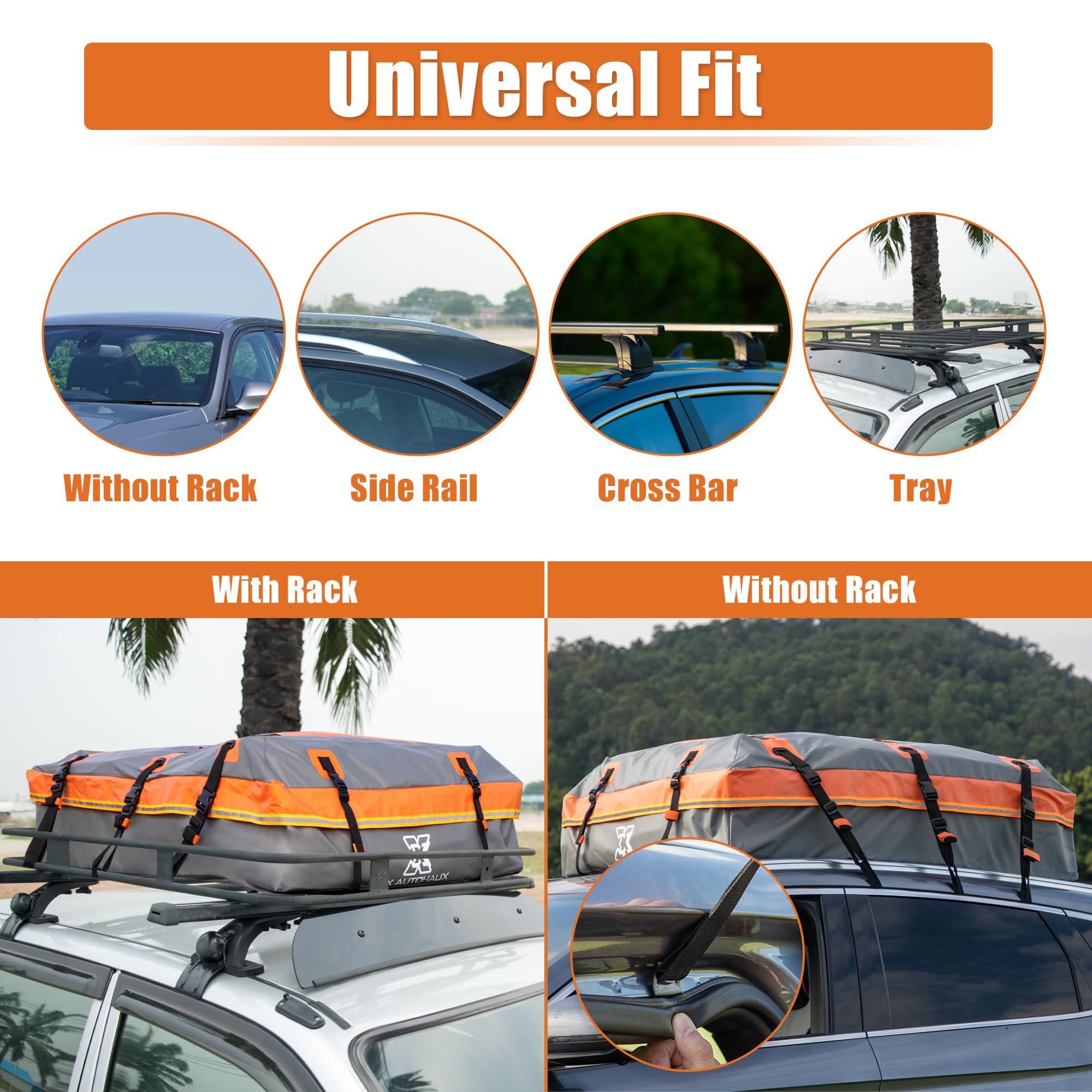 X AUTOHAUX 1000D PVC Waterproof Car Roof Bag Rooftop Cargo Carrier Bag Luggage Carriers for Cars with or without Rack Anti-Slip Mat 6 Door Hooks Set Gray - 15 Cubic Feet