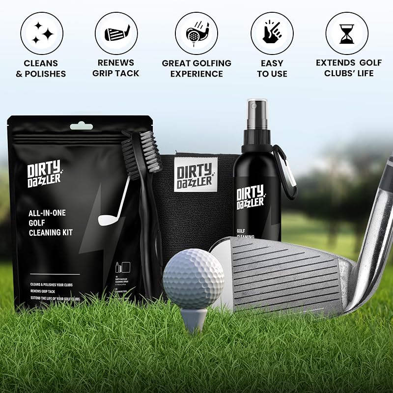 Golf Club Cleaning Kit with Groove Cleaner Tool, Brush, Towel & Spray – 4 Oz