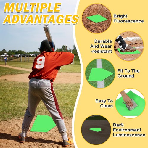 Baseball & Softball 5 Piece Base Set, Luminous Green Rubber Field Bases for Kids & Adults, with 5 Piece Training Balls and Storage Bag, Throw Down Base for Backyard Tee-Ball, School Kickball Practice