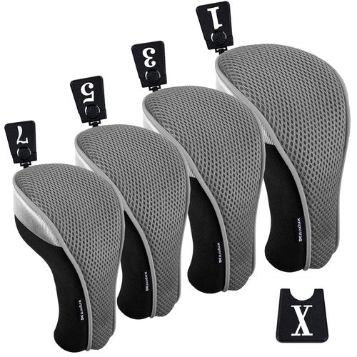 Andux 4pcs/Pack Mesh Golf 460cc Driver Fairway Wood Club Head Covers with Interchangeable No. Tags Gray