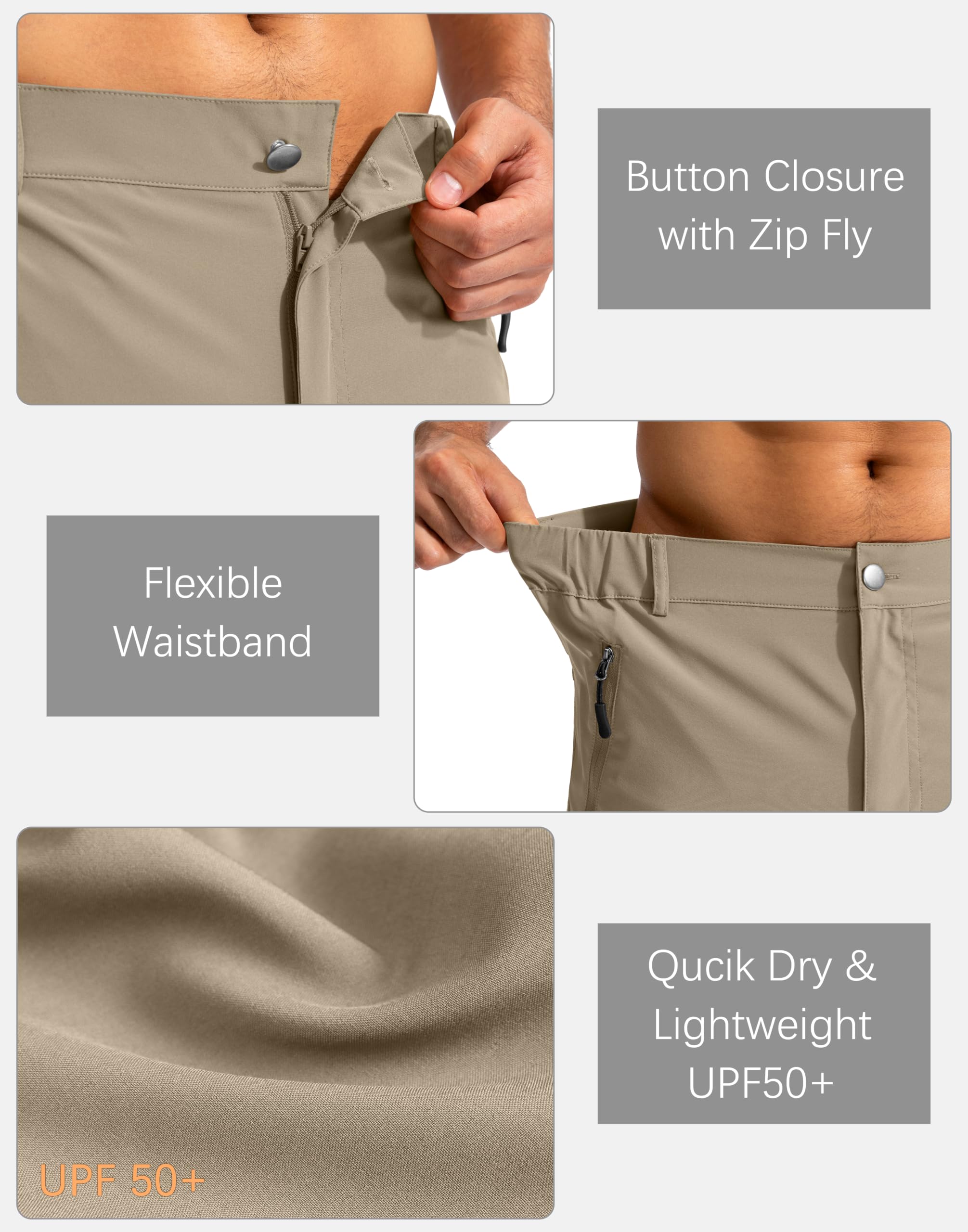 Pudolla Men's Hiking Cargo Shorts 9" Lightweight Outdoor Work Shorts for Men Travel Golf Camping Casual with 5 Zipper Pockets(Dusty Khaki Large)