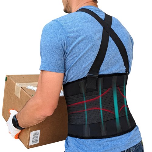 NeoHealth Lower Back Support Belt with Suspenders - The Most Effective Back Pain Relief for Men & Women - Industrial Strength Lumbar Protection for Construction, Warehouse, Moving, L