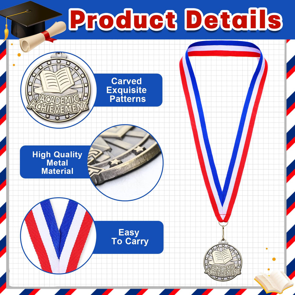 Quelay 30 Pcs 2'' Medals for Awards Winner Bulk with Neck Ribbons Metal Trophy Award Prize Gift for Kids Students Adults School Graduation Participation Competitions(Academic Achievement)