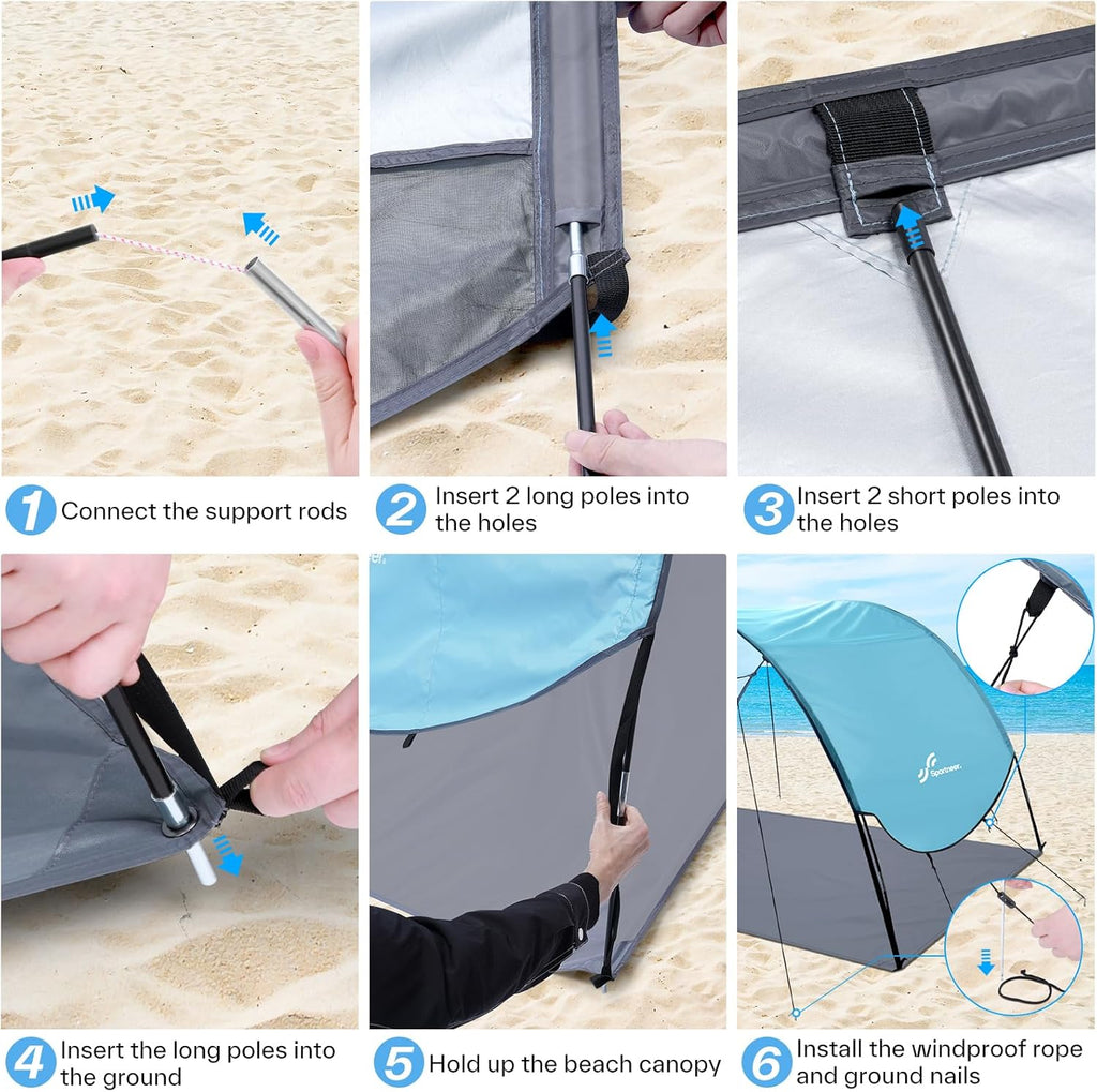 Sportneer Beach Tent | UPF 50+ UV Protection Canopy for 2-3 People | Easy Setup with Wind Ropes & Stakes | 96.5''x55.7''