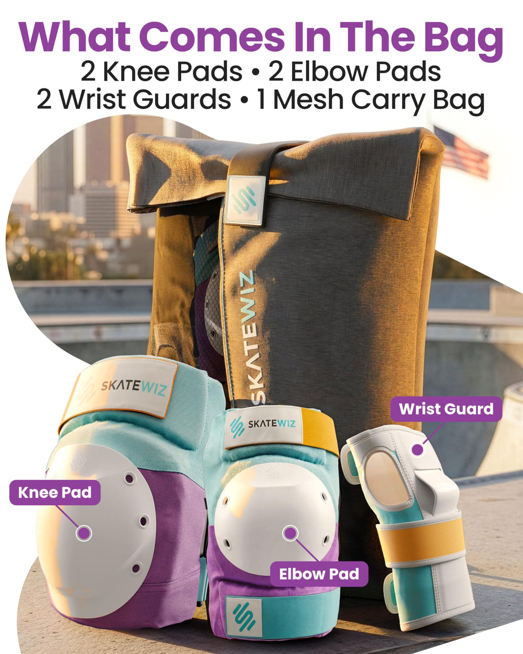 SKATEWIZ Knee and Elbow Pads Adult - Skating Protective Gear Adult - Shield - Size M/L Lavender Blue - Skateboard Pads with Wrist Guards for Inline Skates, Roller Skate - Ice Skates for Women