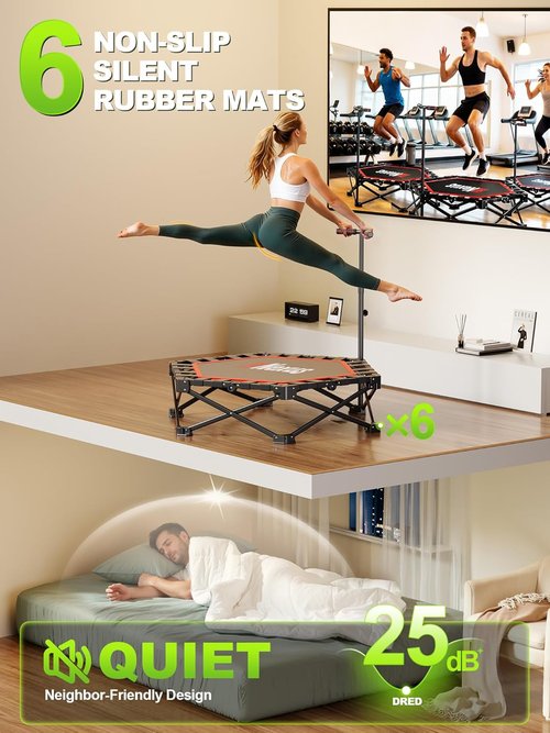 42" Foldable Mini Trampoline - 450lb Capacity Fitness Rebounder with 3-Level Adjustable T-Bar | Non-Slip Pad for Home or Gym Workouts