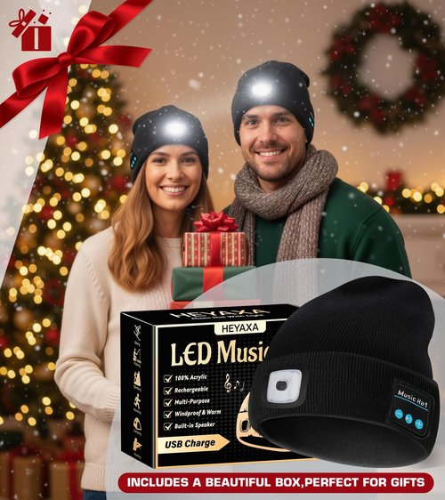 HEYAXA Bluetooth Beanie Hat, USB Rechargeable 4 LED Wireless Music Running Headlamp Cap, Gifts for Christmas, Stocking Stuffer & White Elephant Gifts for Men, Women, Him, Her