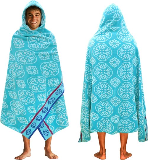 COTTON CRAFT Oversized Hooded Beach Towel - 100% Cotton Velour Terry - Quick Dry Pool Wrap | 39 x 68 Inches - Summer Trellis Pool Blue