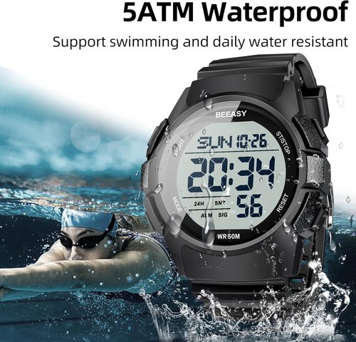 Beeasy Men's Digital Sports Watch - 50M Waterproof, 49mm Rubber Strap with Stopwatch & Alarm | Ideal for Gym & Daily Wear
