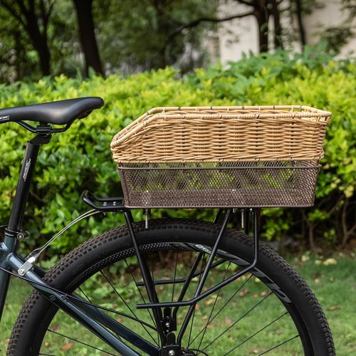 CXWXC Rear Bike Basket - Large Bicycle Rear Basket with Cargo Net and Waterproof Cover, Hand-Woven Baskets Rear Large Capacity (Brown)