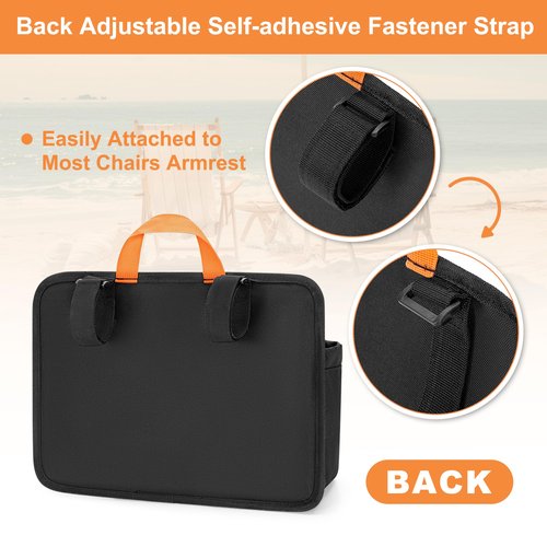 Beach Chair Cup Holders, Arm Organizer for Camping with 2 Self-Adhesive Fastener Strap, Hanging Bag Insulation with 4 Pockets, Camp Chair Accessories for Water Bottle, Magazine, Black, Patent Design