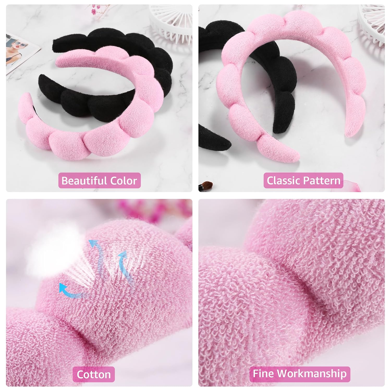 Ztomine Spa Headbands - Set of 2 Terry Cloth Skincare Headbands for Washing Face | Black & Pink