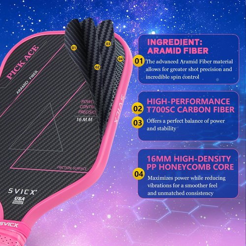 SVICX Pickleball Paddle,Carbon Fiber Pickleball Paddle for Women-Aramid Fiber Surface,Superior Control,Strong Power and Forceful Spin,USAPA Approved (Aramid+Carbon Fiber (Pink))