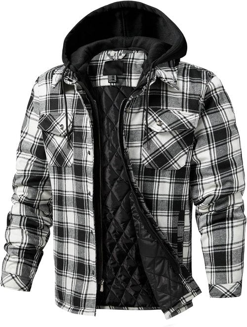 CHEXPEL Flannel Jacket for Men - Long Sleeve Plaid Shirt Coat with Hood & Quilt Lining