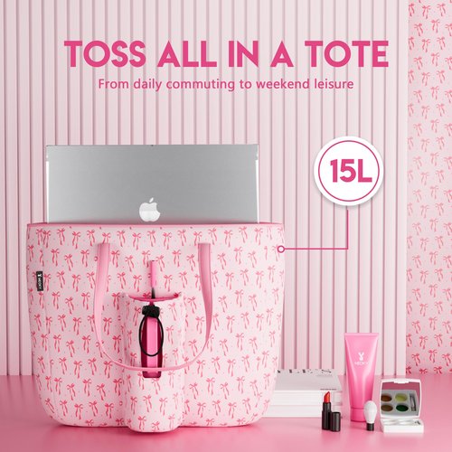 Meoky 15 L Cute Tote Bag: Pink Tote Bag with Straw Storage for 40 oz Tumbler with Handle and Straw - Water Bottle Carrier Holder For Work Yoga - Girls Sister, Bow