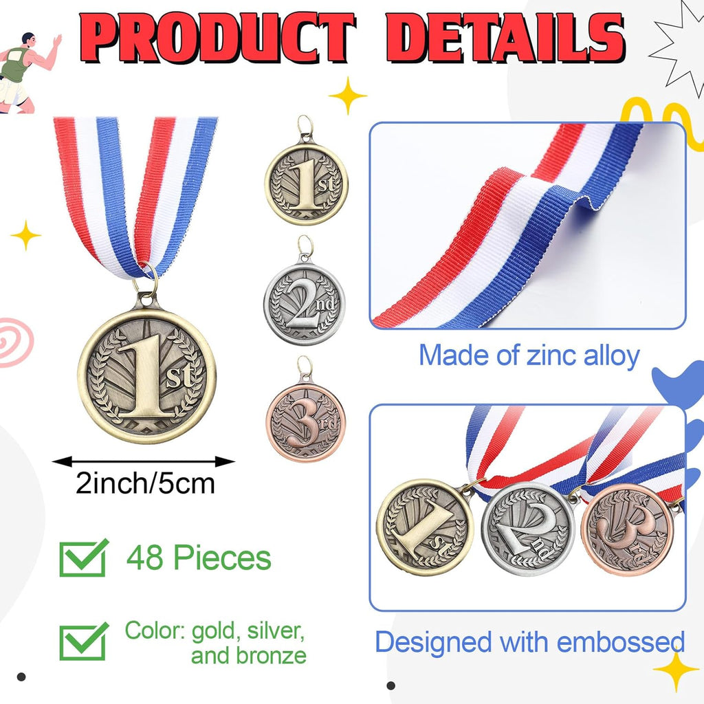 RoundFunny Award Medals - 1st, 2nd, 3rd Place Gold, Silver & Bronze Medals with Neck Ribbon | 2-Inch Trophy for Sports Competitions