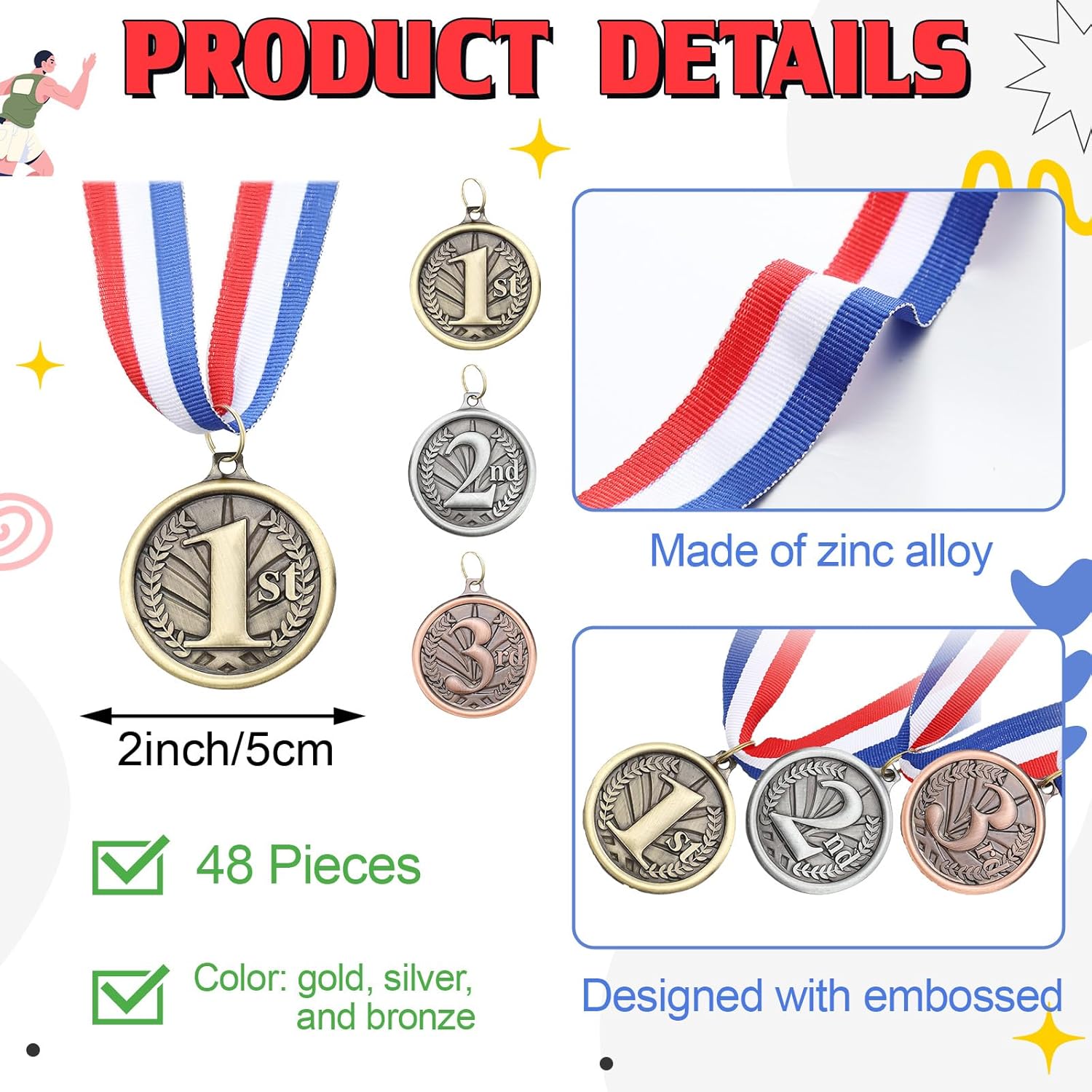 RoundFunny Award Medals - 1st, 2nd, 3rd Place Gold, Silver & Bronze Medals with Neck Ribbon | 2-Inch Trophy for Sports Competitions