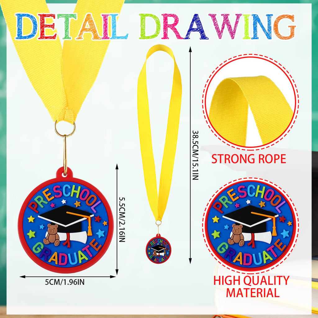 Sratte 48 Pcs Kindergarten Prek Preschool Graduation Medals for Kids, Bulk Kinder Pre-k Graduation Gifts with Yellow Ribbon, End of Year Student Gifts Party Favors Supplies, 2 Inch (Graduate Cap)
