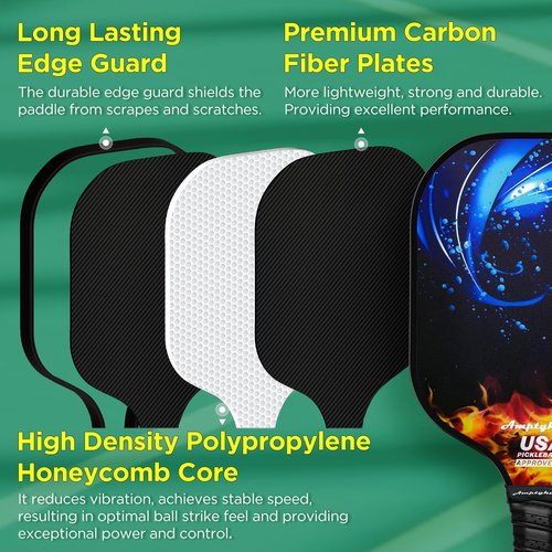 Carbon Fiber Surface Pickleball Paddles Set of 2, 2023 USAPA Approved, Polypropylene Honeycomb Core, Anti-Slip Sweat-Absorbing Grip, 2 Paddles, 2 Indoor Pickleball & 2 Outdoor Pickleball, 1 Carry Bag