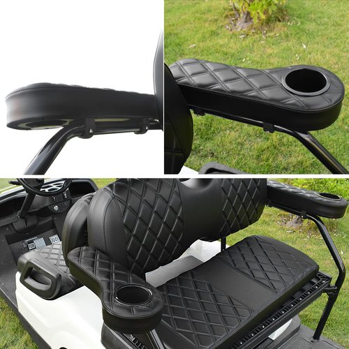 NOKINS Golf Cart Diamond Armrest with Cup Holder, No Drilling, for Round Bracket Armrest 1 1/4 Size, Fits Advanced EV Golf Cart Rear Seat Circular Frame Side Rod 1 1/4" (Black Stitching)
