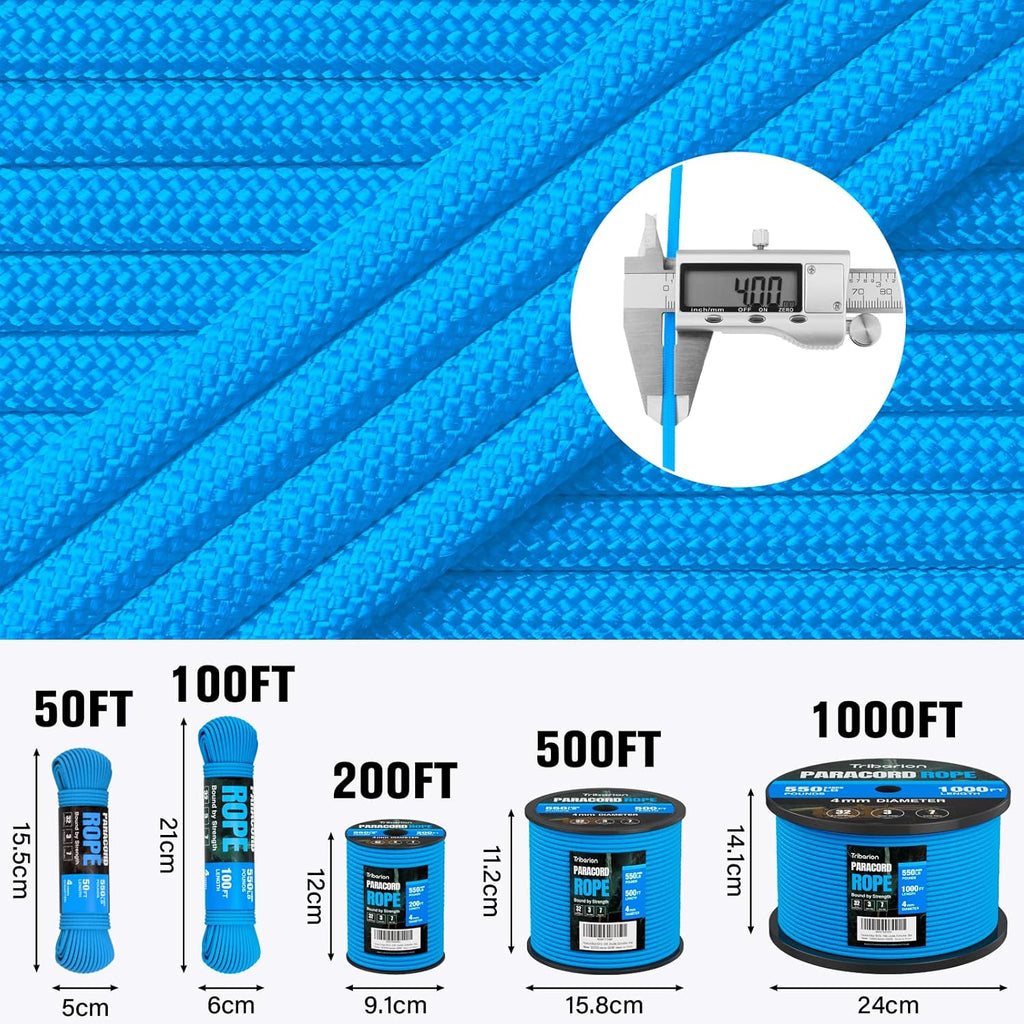 Paracord 550 lb - 1000ft Heavy Duty 7-Strand Parachute Cord | Ideal for Camping, Survival Gear, and More - Blue