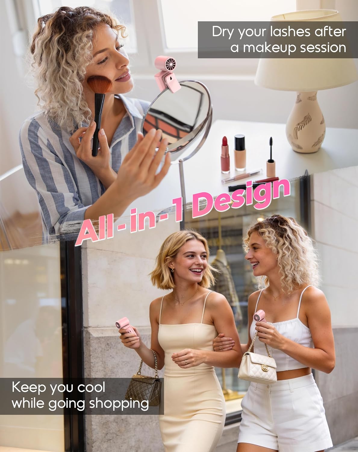 Skiennix Portable Clip-On Mini Fan - Hands-Free Rechargeable Cooling Fan with 4 Wind Speeds | Pink