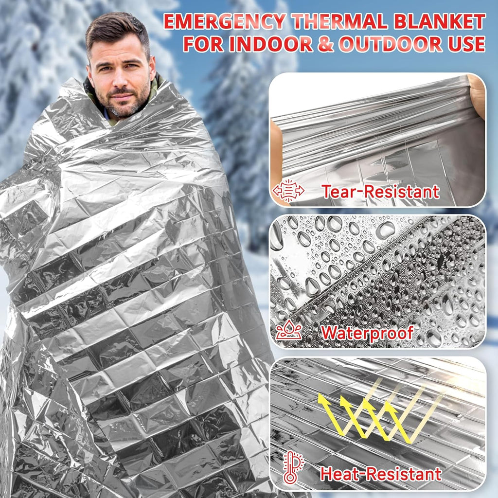 SecuCaptain Emergency Thermal Blankets - Extra Large 84” x 63” Mylar Survival Kit for Winter Camping | 4 Pack