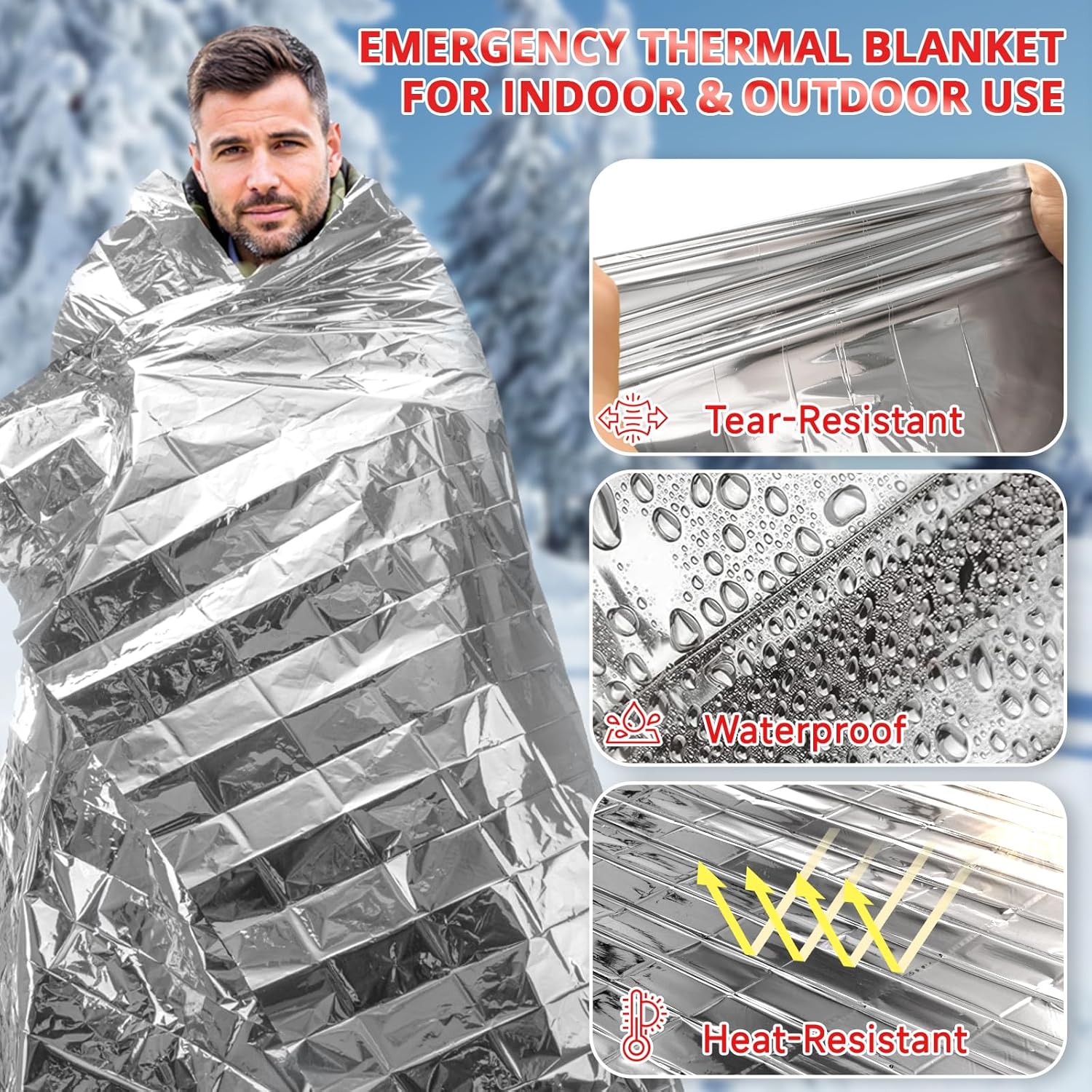 SecuCaptain Emergency Thermal Blankets - Extra Large 84” x 63” Mylar Survival Kit for Winter Camping | 4 Pack