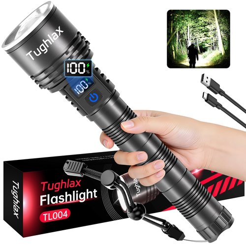 Tughlax Rechargeable Flashlights High Lumens, 90,000 Lumens Super Bright LED Flashlight Tactical Flashlight with LCD Digital Display, 5 Modes Zoomable Waterproof Powerful Handheld Flashlight for Home