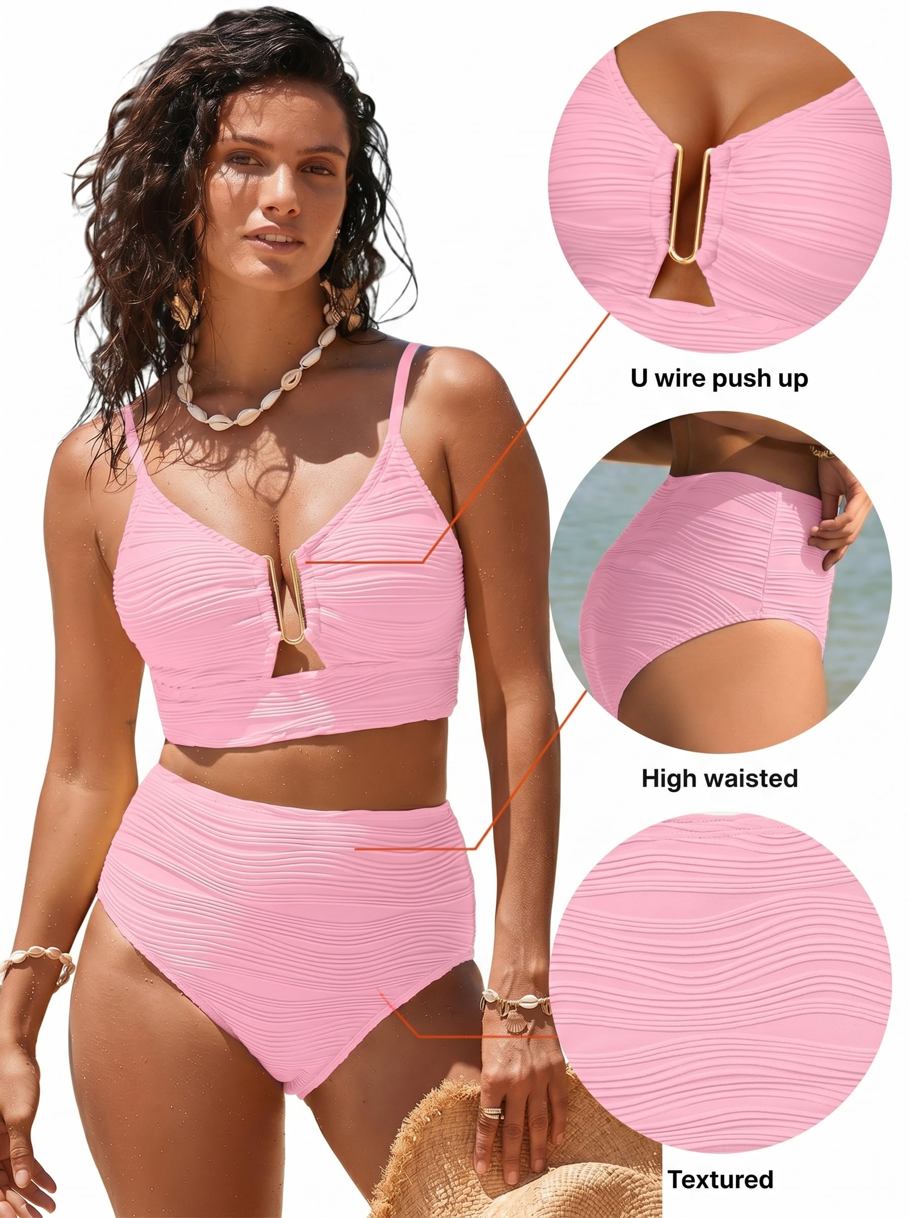 Herseas Ribbed Two Piece Bikini Sets V Neck Swimwear Push Up Full Coverage High Waisted Bathing Suit Flattering Beach Vacation Clothes for Women Pink X-Large